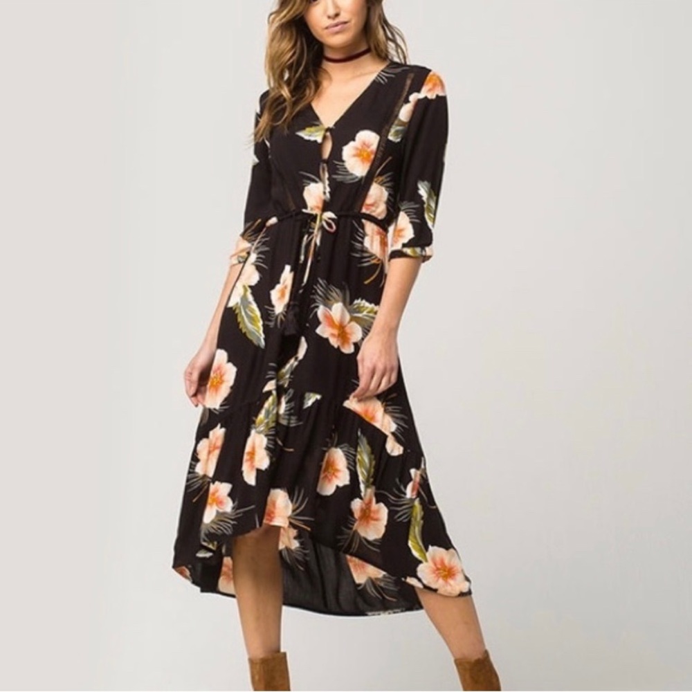 Volcom Not Over It Black Floral Duster Dress